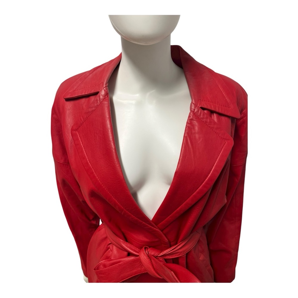 VTG 90s REMY GLAM ROCK Red Soft Leather Midi Belted Trench Coat Womens Medium - Picture 5 of 11